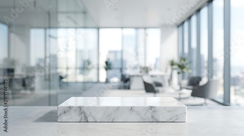 Modern interior with large windows overlooking a blurred city view and marble table