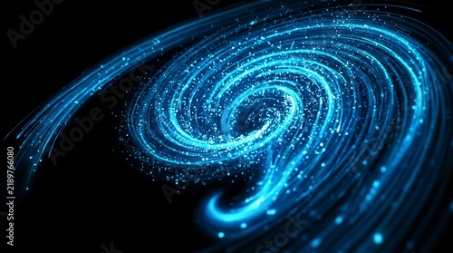 Stunning 3D digital swirling galaxy with glowing blue cosmic particles and light effects.