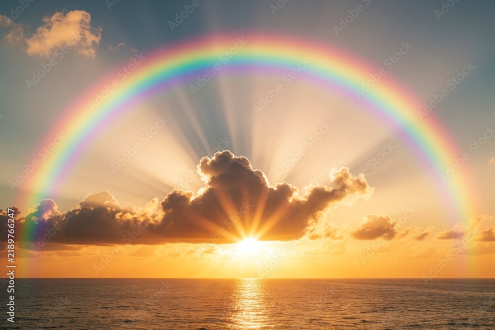 Obraz premium Bright rainbow arcs over ocean horizon at sunset. Golden sun rays shine through dark clouds above calm sea. Beautiful seascape shows colorful spectrum in blue sky. Peaceful nature view with sunbeams,