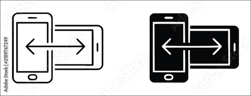 Obraz na plátně Mobile data transfer icons, two smartphones with bidirectional arrows for file sharing, device synchronization, data migration, backup, mobile communication, and digital connectivity