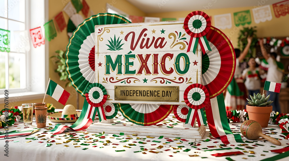 Naklejka premium Festive viva mexico sign decorated with traditional paper rosettes for mexican independence day celebration on a table