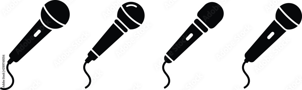 Obraz premium Four black and white microphone illustrations arranged in a simple repeating pattern on a white background