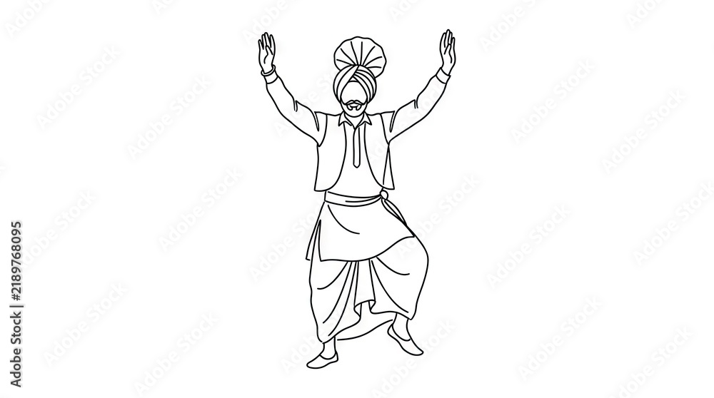 Fototapeta premium Line drawing of man performing traditional Indian dance.