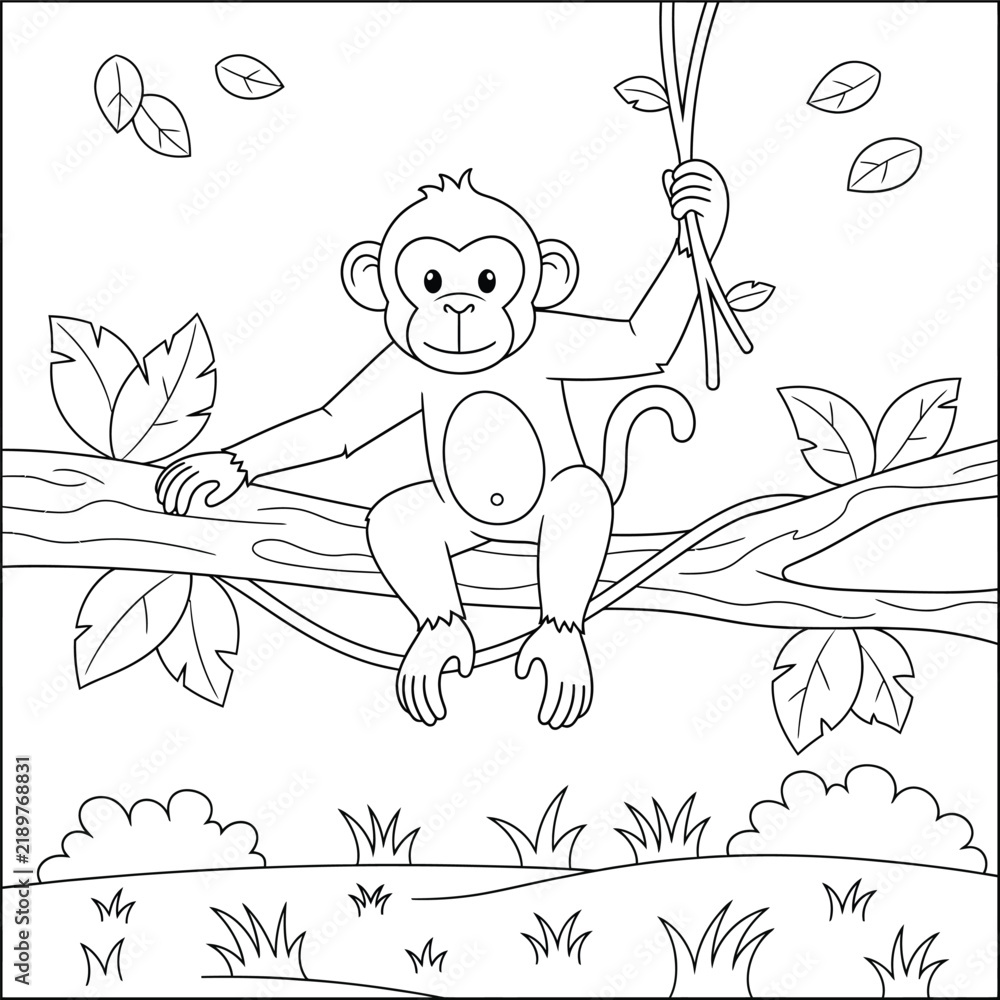 Fototapeta premium Cartoon monkey hanging from a branch with leaves and foliage isolated on transparent background