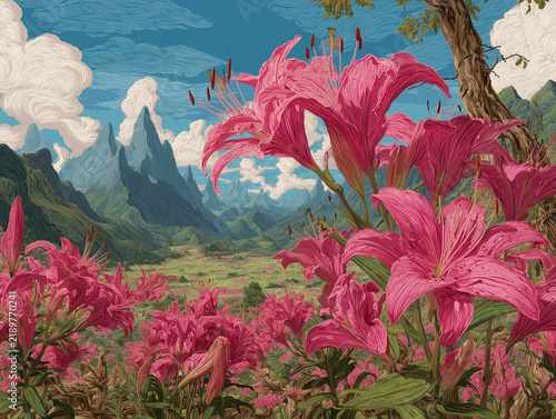 Pink lily flowers blooming in an expansive mountain valley