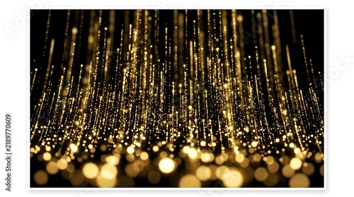 Golden digital data stream with binary light particles in dark background.