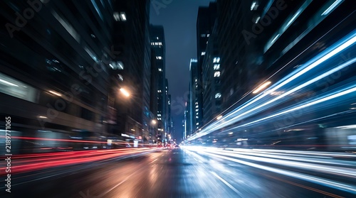 Night cityscape with motion blur of speeding cars and bright streetlights urban transportation