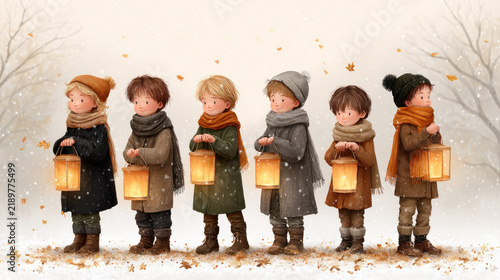 Children holding glowing lanterns in a snowy landscape, participating in a traditional saint martin's day procession, symbolizing light, warmth, and community spirit.St. Martin's Day celebration