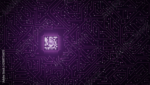 Foto Glowing magenta CPU processor chip on a circuit board background, digital techno