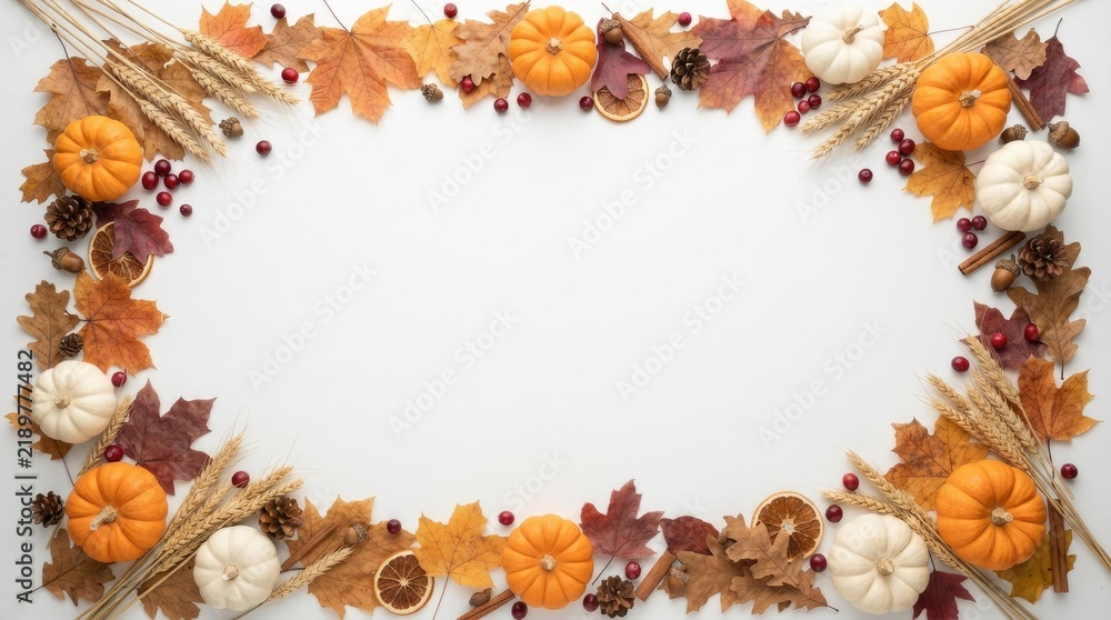 Fototapeta premium Decorative thanksgiving border made of colorful autumn leaves and small pumpkins on a clean white background