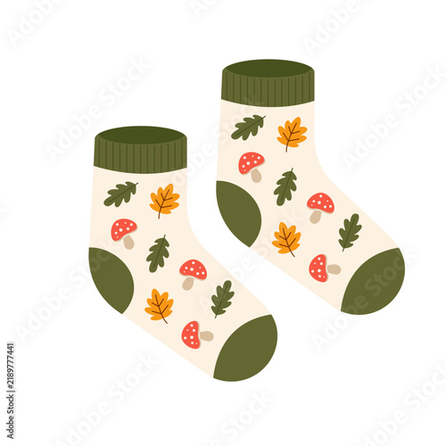 Cozy autumn socks with a fly agaric and autumn leaves pattern