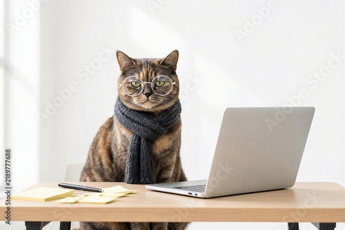 Funny studio portrait of a clever cat wearing round glasses and a cozy scarf sitting at an office desk with a laptop isolated on a white background.
