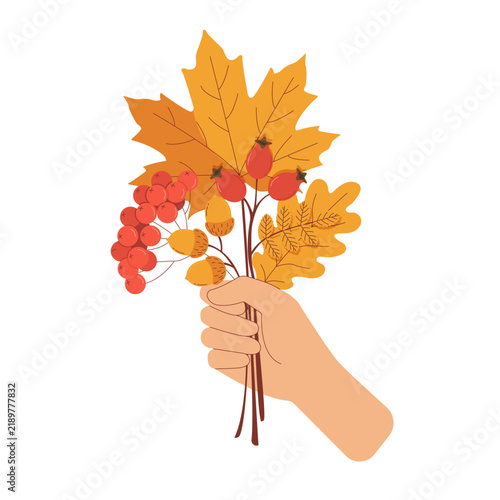 Illustration of a hand holding a seasonal bouquet composed of autumn leaves, rowan branches, rosehip twigs, and oak branches with acorns