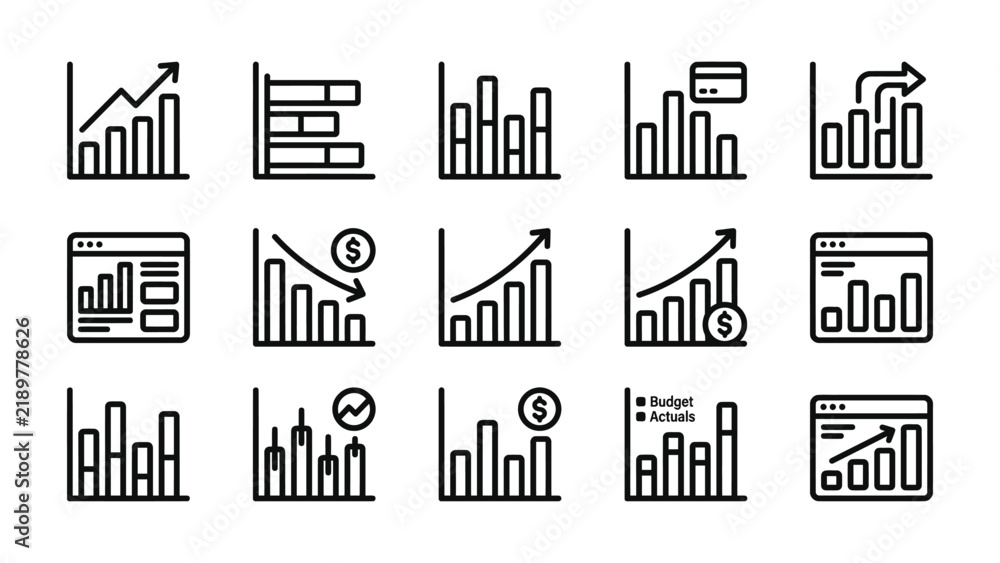Obraz premium Set of business and financial bar chart icons in a clean black and white line art style