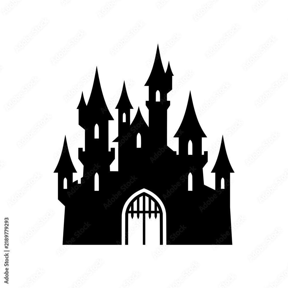 Fototapeta premium Black Silhouette of a Fairytale Castle with Turrets and Portcullis Gate