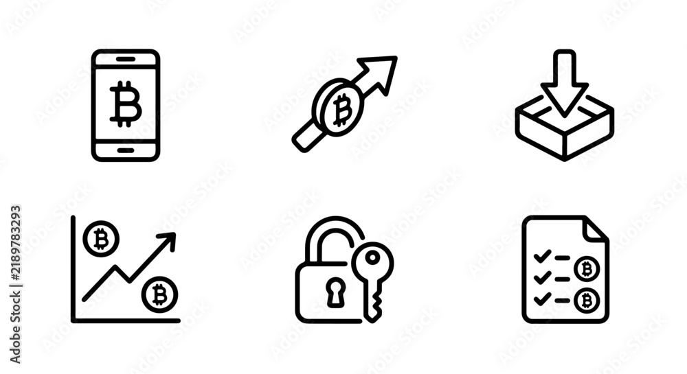 Fototapeta premium Bitcoin Crypto Icons, Digital Currency Symbols, Blockchain Technology Graphics, Finance Icons Set