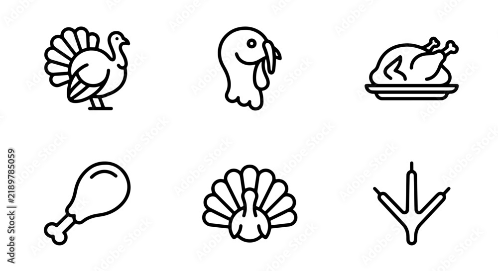 Fototapeta premium Turkey Icons, Thanksgiving Food Graphics, Poultry Vector Set, Farm Animal Illustrations
