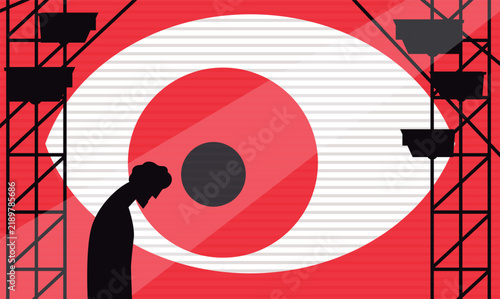 man walking past a giant orwellian eye screen with dystopian surveillance cameras