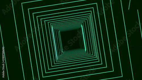 Glowing Green Square Tunnel Abstract Background with Futuristic Cyberpunk Neon Lines and Infinite Depth for Digital Technology Design