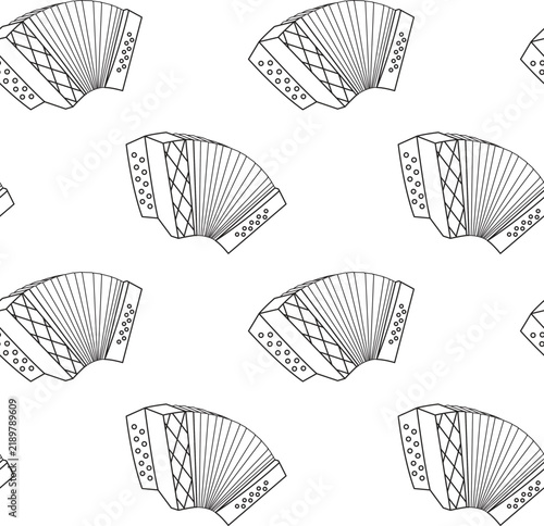 Folk accordion in doodle style with Bavarian details. Monochrome pattern for Oktoberfest branding and packaging