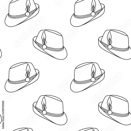 Tyrolean hat with feather in black and white doodle. Simple Oktoberfest pattern for festival branding
