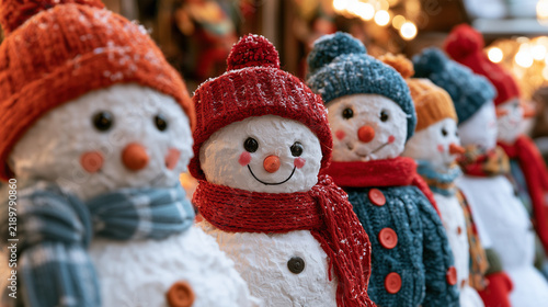 A row of colorful snowmen of different sizes decorating a snowy Christmas market