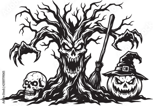 halloweenSpooky haunted tree with pumpkin and skull for Halloween