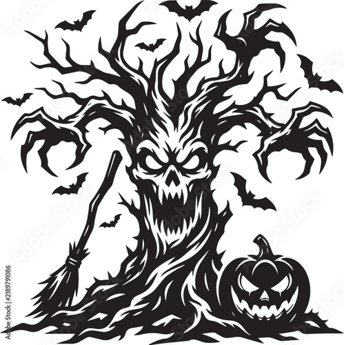 halloweenSpooky haunted tree with skull face pumpkin and bats