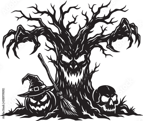 halloweenSpooky haunted tree with jack-o-lantern and skull for Halloween