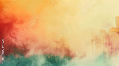A vibrant abstract background with swirling colors of orange, yellow, and green, resembling a foggy cityscape. horizontal banner, copy space, free space for text
