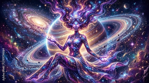Cosmic goddess sitting among swirling galaxies and planets.