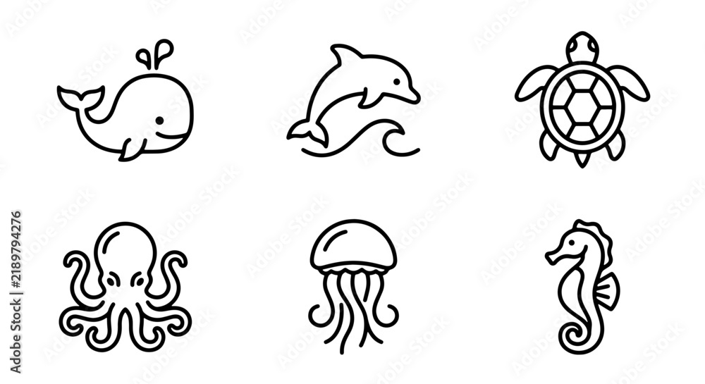 Obraz premium Cute Marine Life Icons Set, Simple Ocean Animals Vector Graphics, Whales, Dolphins, Turtles, Octopuses, Jellyfish, Seahorses