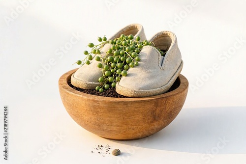 Creative conceptual still life of a string of pearls succulent plant growing out of children shoes inside a wooden bowl on a white background.