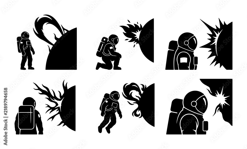 Fototapeta premium Astronaut Space Exploration Icons, Cosmic Danger, Sci-Fi Adventure, Black Silhouette Set