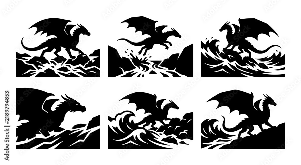 Fototapeta premium Mythical Dragon Silhouette Set, Fantasy Creature Vector Graphics, Epic Sea Monster Illustrations, Dark Fantasy Art