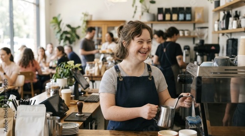 Smiling female barista with Down syndrome preparing coffee.
