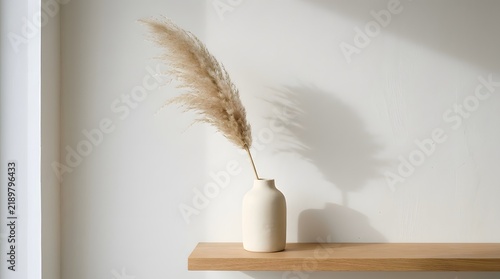 Ceramic vase with pampas grass on a minimal wooden shelf