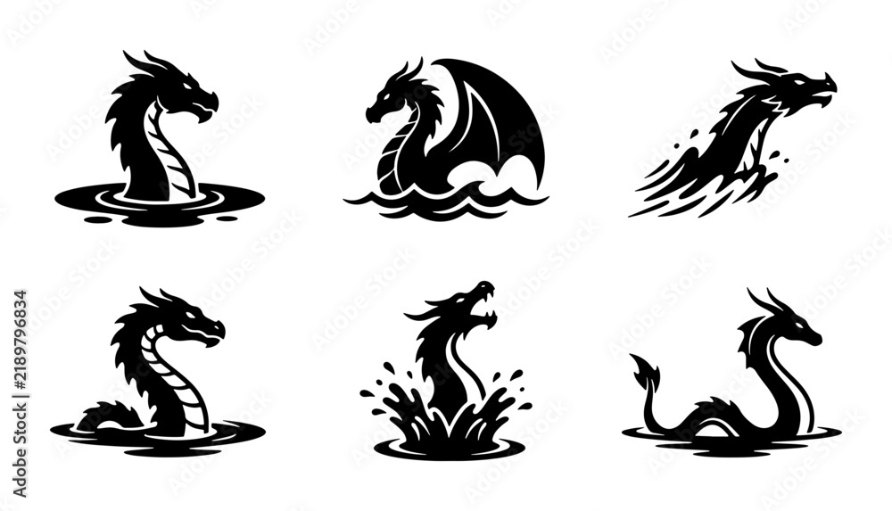 Fototapeta premium Mythical Sea Serpent Icons, Water Dragon Vector Graphics, Mythological Creature Silhouettes