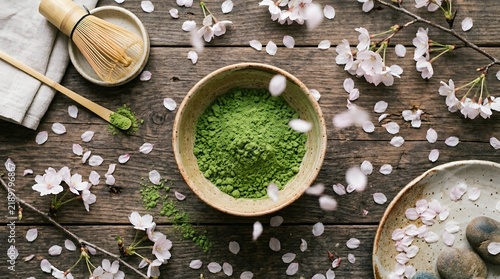 Japanese matcha green tea powder with sakura cherry blossoms falling