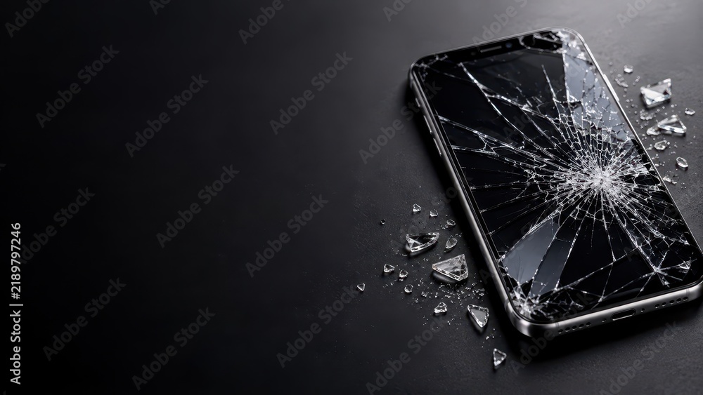 Fototapeta premium Broken Smartphone with Severely Cracked Glass Screen and Scattered Shards on Dark Background with Copy Space