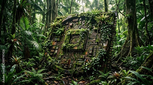 Giant mossy ancient computer chip integrated into a lush rainforest jungle