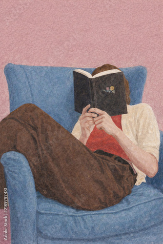 Woman absorbed in reading a book while sitting on the floor, painting in warm muted tones