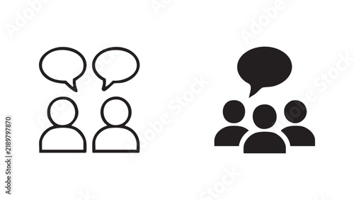 Two conversation icons depict people communicating featuring a white and black style
