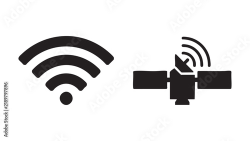 Foto Wifi signal and satellite icons are depicted in a black silhouette style on a wh