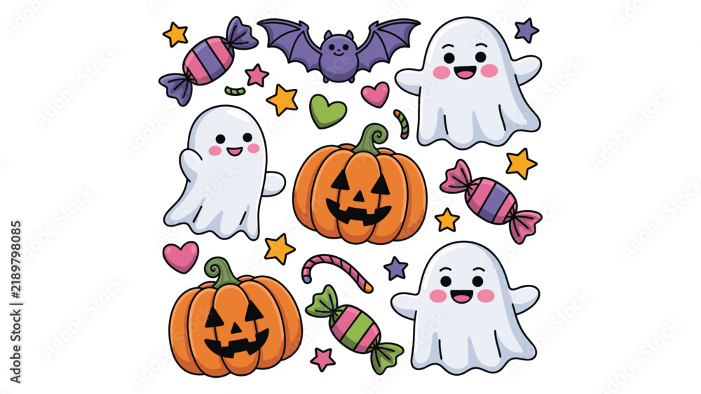 Fototapeta premium Cute halloween sticker featuring smiling ghosts, jack o lantern pumpkins, purple bats, colorful candy, stars, hearts on background