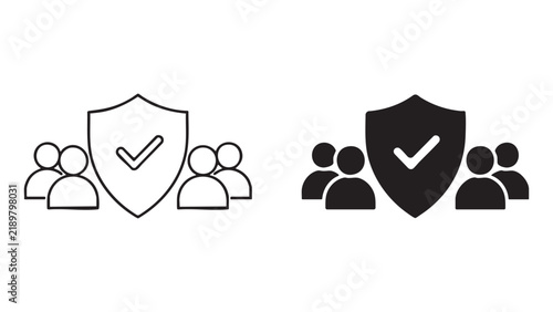 Group security icon features two people figures protected by a shield with a checkmark