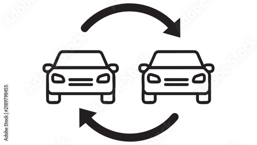 Vehicle exchange illustration depicts two cars facing each other with circular arrows black line art