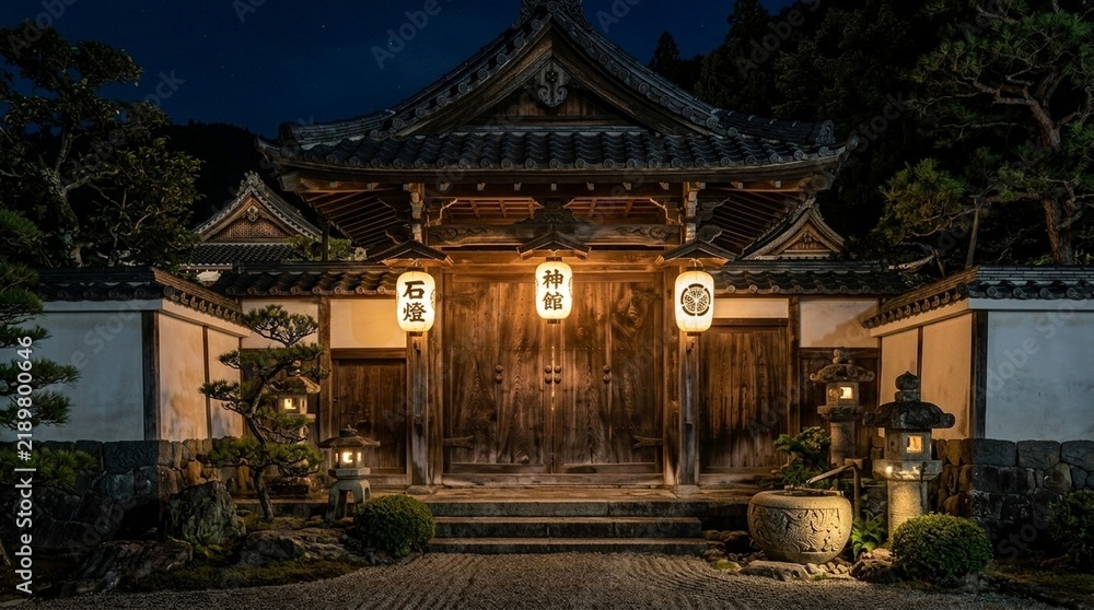 Fototapeta premium Traditional Japanese wooden gate entrance at night with glowing paper lanterns and stone lanterns in a zen garden