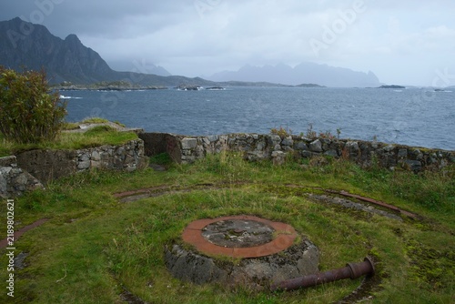 Old war fortifications in Norway fiord in Svolver, Lofoten Islands, Norway during the month of September