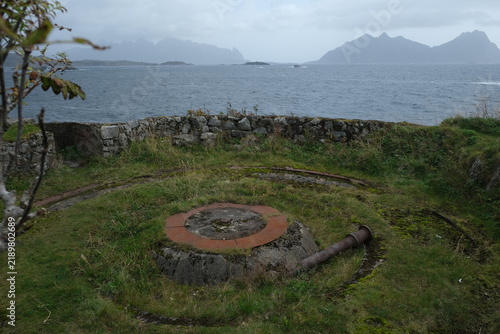 Old war fortifications in Norway fiord in Svolver, Lofoten Islands, Norway during the month of September